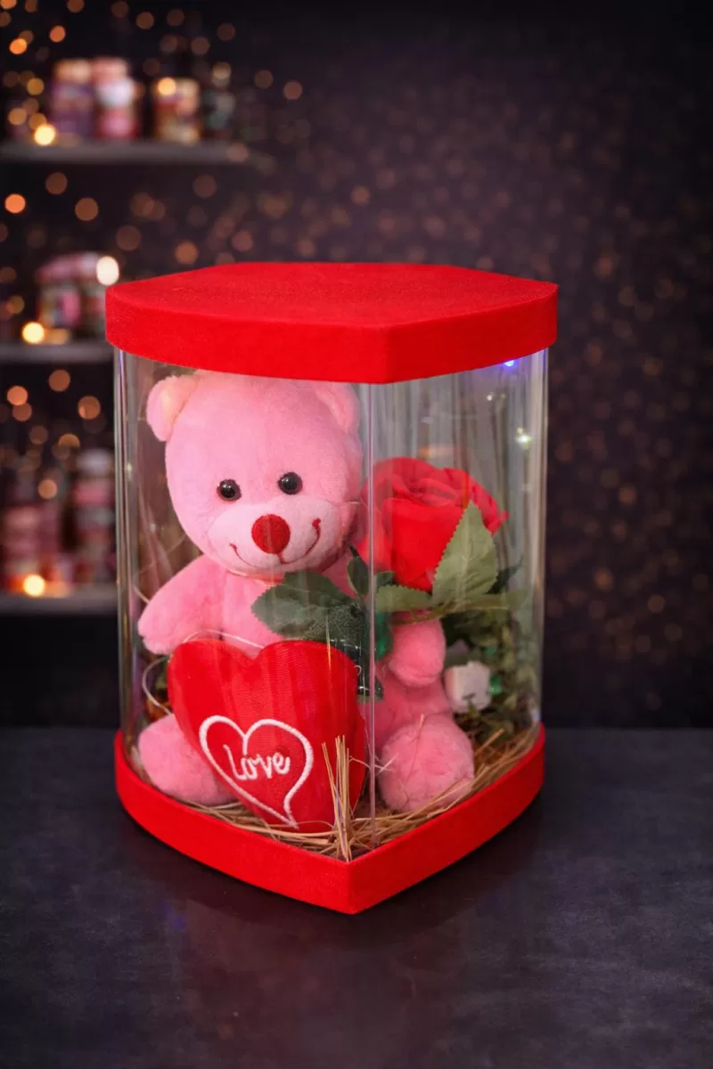 Pembe Ayıcık  Kutu – Kırmızı Güllü Love Romantik Hediye