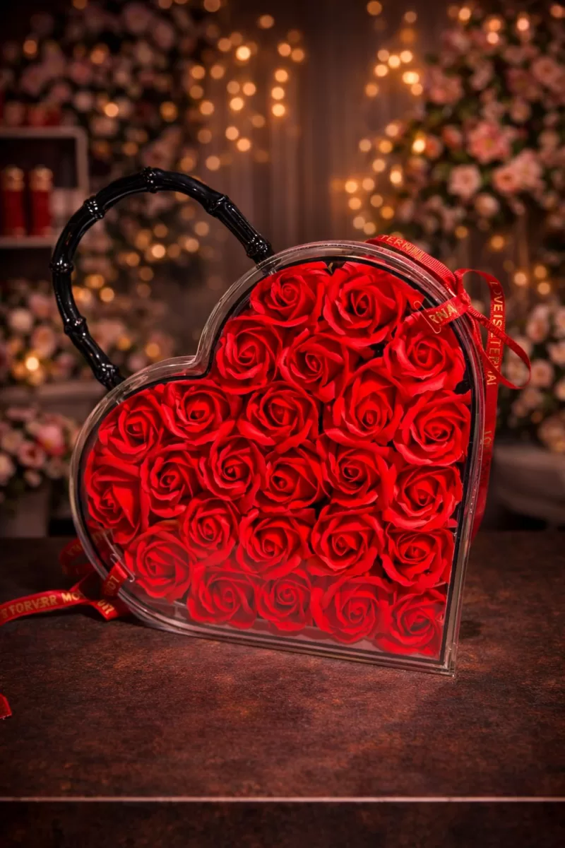 Kalp Şeklinde Şeffaf Kutuda Kırmızı Güller – Premium Aşk Kutusu