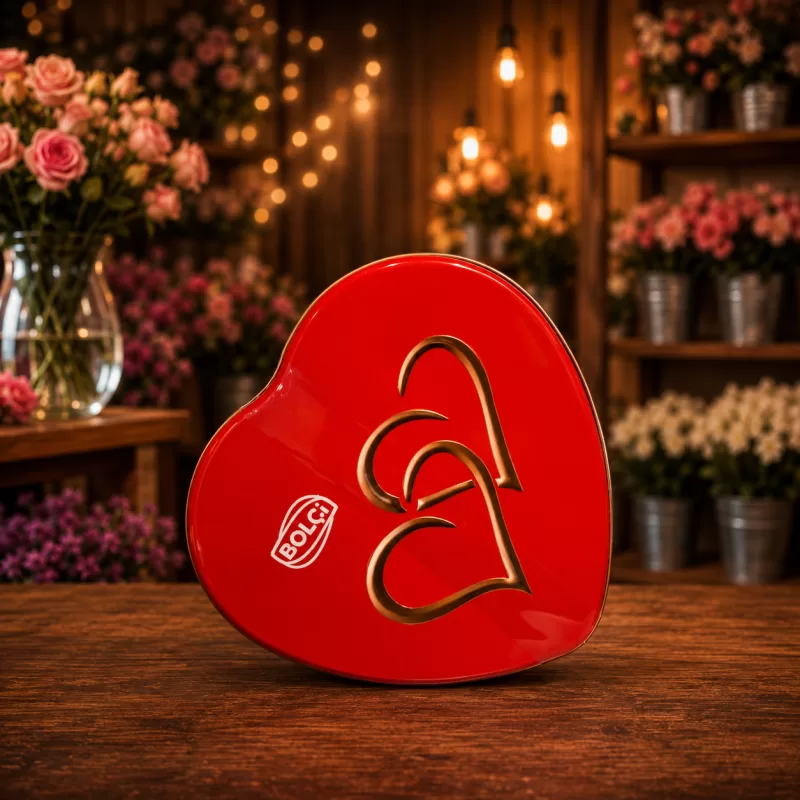 Kalp Şeklinde Kırmızı Metal Çikolata Kutusu – Premium Bolci