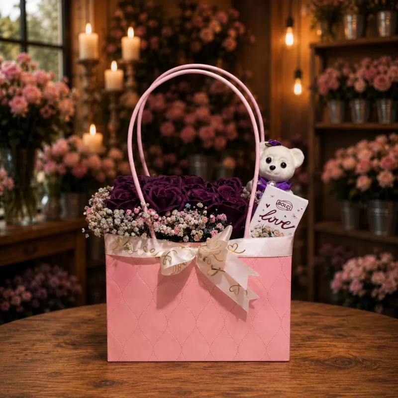 💜 Ayıcıklı Pembe Çantada Mor Gül Aranjmanı & Çikolata