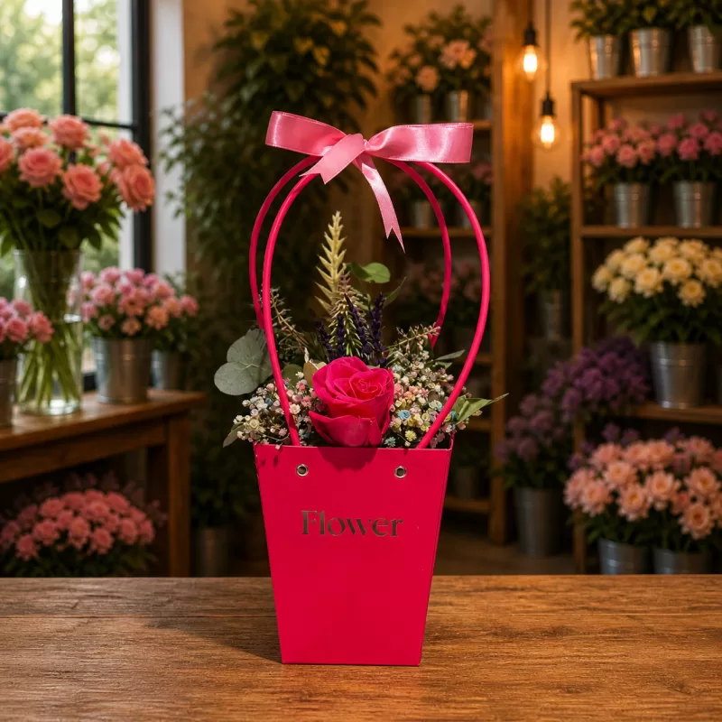🌹 Pembe Çantada Tek Kırmızı Gül Aranjmanı