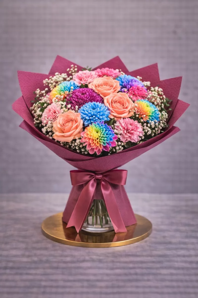 Renkli Krizantem ve Somon Gül Buketi – Premium Karışık Çiçek Buketi