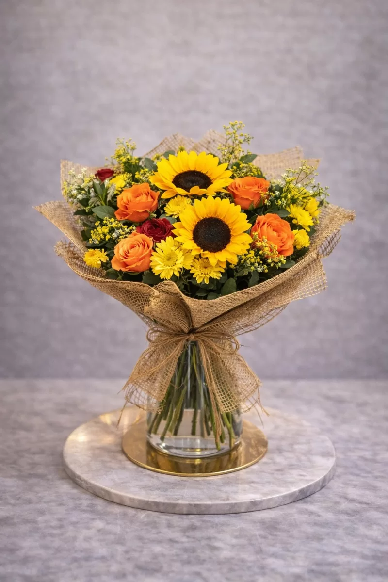 Ayçiçeği ve Turuncu Gül Buketi – Doğal Karışık Çiçek Buketi