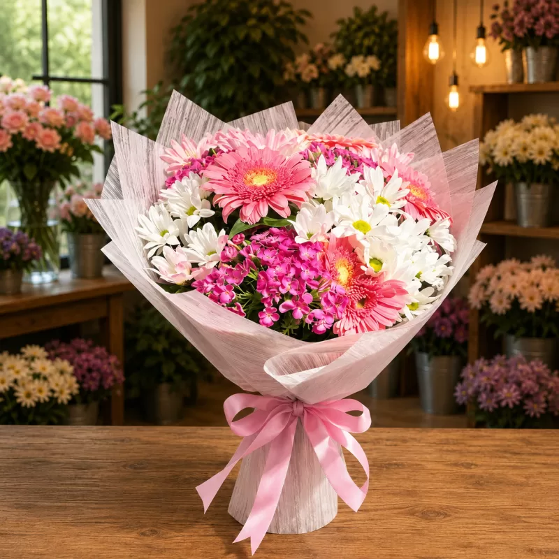 Pembe Gerbera ve Papatya Buketi